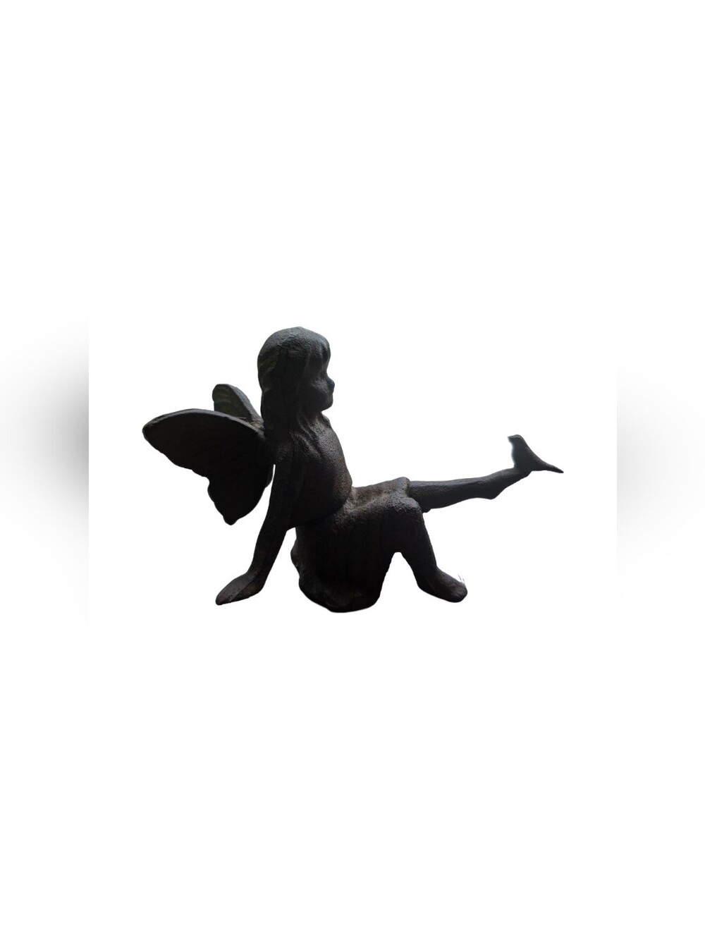 Fairy Figurine with Bird Sitting Angel Cherub Garden Statue Rustic Cast Iron